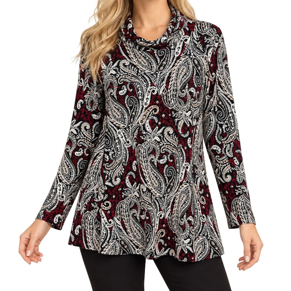 Susan Graver 3X Red Black Stretchy Long Sleeve Formal Blouse Shirt Top Christmas